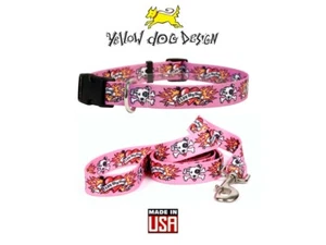 Gelbes Hunde Design Halsband oder Leine Rosa Tattoo Luv My Dog Flamme XS S M L Made USA - Bild 1 von 7