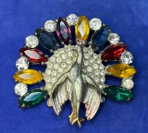 Broche Pavo Real Vintage Años 30 Colorido Navette Lámina Dorada Estrás Por Reinad - Imagen 1 de 14