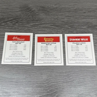 Tarjetas de título de repuesto Monopoly edición Disney 2001 dama vagabundo Bella Durmiente Foto 1 de 4