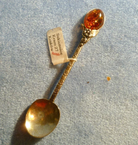 Baltic Amber Sterling Silver Souvenir Spoon Sukiennice Krakow Poland Cover