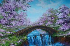 Large Bridge in Blossom Sakura park, Cherry tree blossoming with a waterfall ART