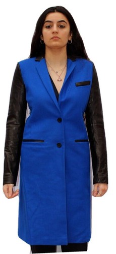 Cappotto soprabito donna Michael Kors blu lana pelle nera piccolo