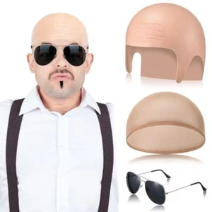with Glasses Bald Head Wig Cap Nylon Costume Set New Bald Caps for Adults Men - Picture 1 of 8