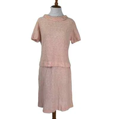 Vintage 1960s Leslie Fay Pink Knit Two Piece Top Skirt Set M - Image 1 of 4