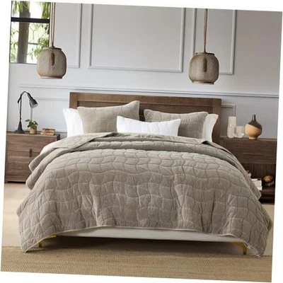  Cotton Quilt Queen Stone-Washed Velvet Comforter 3-Pieces Full/Queen Taupe - Image 1 of 4