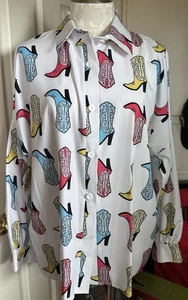COWGIRL BOOT PRINT BUTTON UP TOP NYLON APPAREL MEDIUM , 90's vintage - Picture 1 of 9