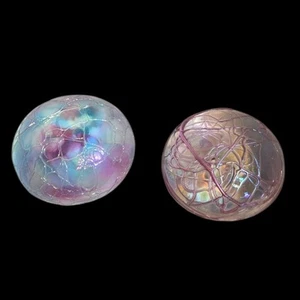2 Vtg Anton Itaglio Paperweights Iridescent Pink Purple Blue Swirl Art Glass SEE - Picture 1 of 18