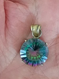 Vintage 925 Sterling Silver Round Mystic Topaz Statement Pendant 15mm 1" Drop - Picture 1 of 10