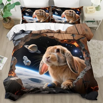 Juego de funda nórdica edredón suave Space Planet Rabbit doble tamaño completo queen king Foto 1 de 3