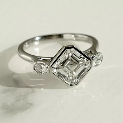 3Ct Asscher Lab Created Diamond Three-Stone Wedding Ring 14K White Gold Plated - Image 1 of 4