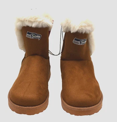 Seattle Seahawks NFL Team Faux Fur Bootie Slippers Size 8 Large Brown New! - Image 1 of 4