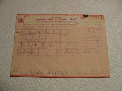 OLD 1973 ONTARIO CANADA NATURAL RESOURCES NON RESIDENT FISHING ANGLER LICENSE - Image 1 of 3