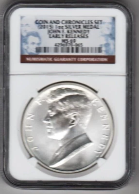 2015 John F Kennedy NGC MS69 999 SILVER Chronicles Uncirculated Medal JFK ASE - Image 1 of 4