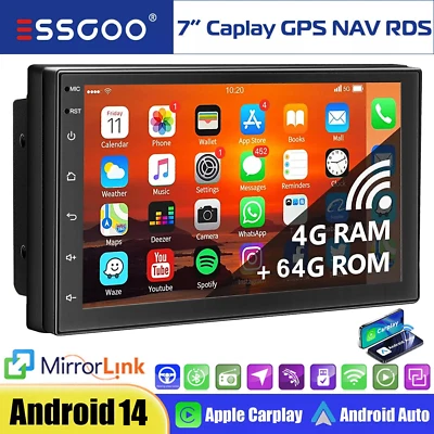 4+64G 7" Double DIN Apple CarPlay Android14 Car Stereo Radio GPS WIFI FM/RDS SWC - Image 1 of 4