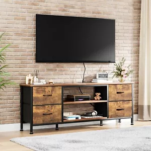 TV Stand Dresser for Bedroom with Power Outlet 4 Fabric Drawers for 55" TV Brown - Picture 1 of 9