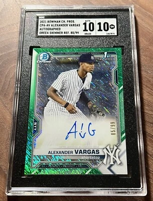 2021 Bowman Chrome Alexander Vargas Green Shimmer /99 Auto SGC 10/10 1st Yankees - Image 1 of 2