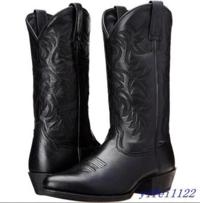 Botas masculinas bordadas salto bloco biqueira pontuda couro sintético puxar meia panturrilha casual - Imagem 1 de 4