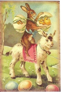 Vintage Easter Postcard RETRO Antique NEW REPRINT Bunny Chicks Eggs Kid Goat - Picture 1 of 2