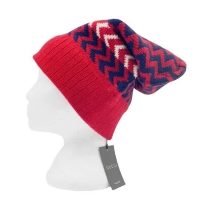 NWT Gucci Men's Unisex Wool Red Blue Zigzag Pattern Knit Beanie Hat M - Image 1 of 4