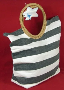 NEW WITH TAGS CANVAS TOTE BAG ~ BLACK & WHITE STRIPES with TAN HANDLES & LINING - Picture 1 of 7