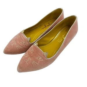 CHARLOTTE OLYMPIA Iconic Pink Velvet Kitty Cat Flats Loafers Sz 39 8.5 - Picture 1 of 8