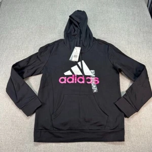 Adidas Hoodie Girls Large 16-18 Black Pullover Fleece Pink Logo NWT - Picture 1 of 7
