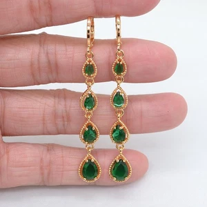 18K Yellow Gold Filled Women Luxury Green Mystic Topaz Long Teardrop Earrings - Picture 1 of 10