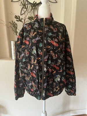 Vtg Womens M Lightweight Bomber Jacket All Over Golf Bag Print M Black Multi EUC - Image 1 of 4