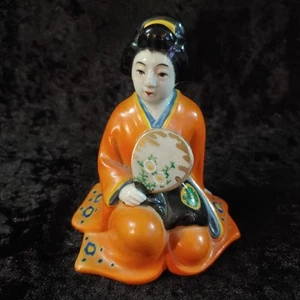 Vintage 1930s Orange Ceramic Kutani Geisha Girl Figurine Japanese Kimono Fan F - Picture 1 of 11