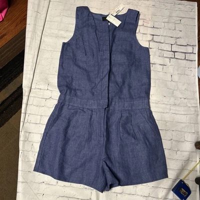 Macacão J.CREW Feminino Romper Curto Tamanho 0 Botão para Cima Estilo Regata 100% Linho Azul - Imagem 1 de 4