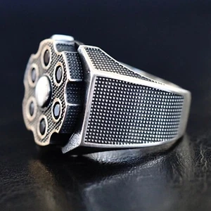 Sterling Silver Men's Ring Spinning Revolver Black Diamond Bullet Unique Jewelry - Picture 1 of 4