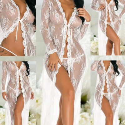 Sexy Lace Sheer Long Robe Lingerie Bridal Kimono Lingerie Wedding Gown for Women - Image 1 of 4