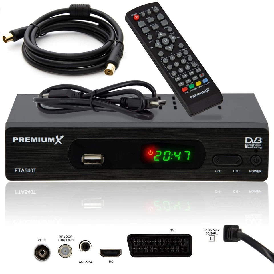 PremiumX FTA 540T Full HD Digital DVB-T2 Receiver mit Antenne - Schwarz