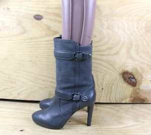 Antonio Melani Boots Womens 9.5M Gray Leather Mid Calf 2 Buckle Stiletto 4" Shoe - Picture 1 of 8