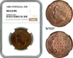 AK491, Portugal, Luiz I, 20 Reis 1883, Lisbon Mint, NGC MS63BN - Picture 1 of 1