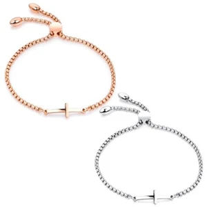 Stainless Steel Curved Cross Round Box Adjustable Bracelet Rose Gold Plated - Bild 1 von 5