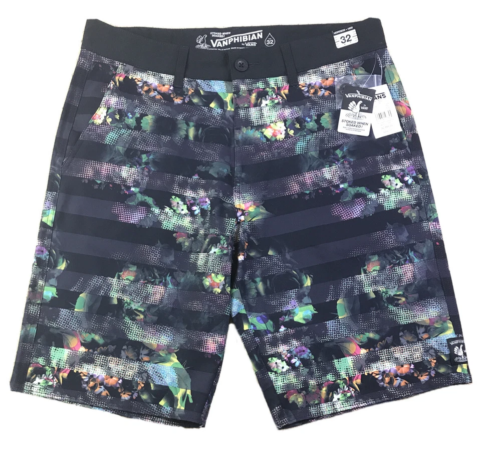 VANS Vanphibian Shorts Beflor Black Green Purple Pink Mens 32 Reg Stretch WetDry