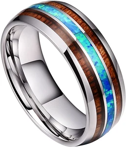 8mm Tungsten with Koa Wood & Opal Inlay Setting Ring - Picture 1 of 2