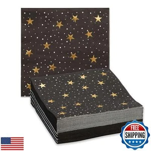 50 Pack Starry Night Cocktail Napkins, Black and Gold Foil for New Years Eve - Picture 1 of 5
