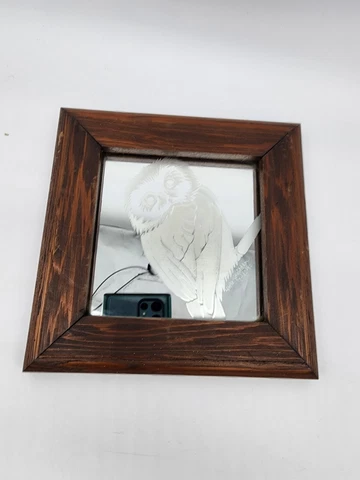Vintage Nature Wall Glass Mirror Owl Etched Wood Frame Signed M A Whitaker Cover