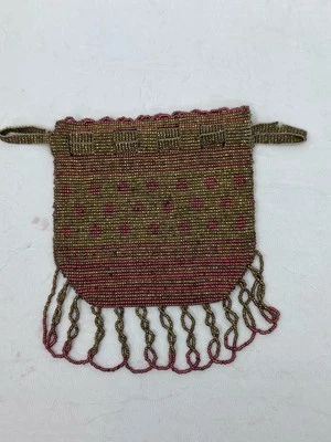 Vtg 1920's Flapper Gold Pink Steel Microbeaded Drawstring Reticule Purse Fringe - Image 1 of 4