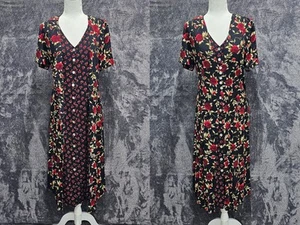 Vintage Maxi Dress Layered Front Sz L 16 Black Floral Rose Fairy Grunge Goth 90s - Picture 1 of 10