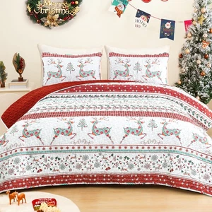 Christmas Quilt King Size, Rust Red Striped Bedspreads Reversible Coverlets B... - Picture 1 of 6