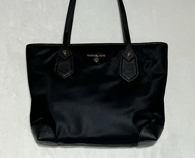 Michael Kors Eva Tote Black Nylon Zip Top Shoulder Bag Handbag Gold Tone Logo - Image 1 of 4
