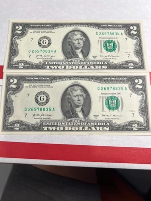 2 Consecutive Serial Number,  2017A , US $2 DOLLAR BILLS Uncirculated - Image 1 of 2
