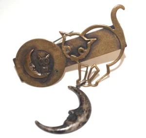 VINTAGE SUSAN RICHARDSON 1992 MOON OWL CAT PIN BROOCH & CAT DANGLER - Picture 1 of 7