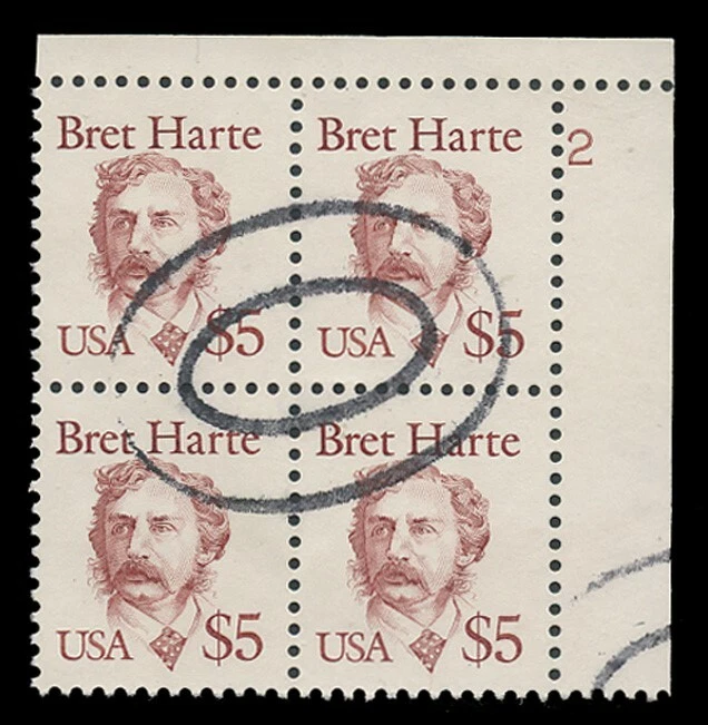 SC #2196b - $5.00 BRET HARTE - USED PLATE BLOCK OF 4 - # 2, U.R. - Image 1 of 1