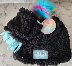 Justice Girls Sherpa Beanie Hat W/ Pom & Gloves 2 Pc Winter Set Black/Blue NWT - Picture 1 of 4
