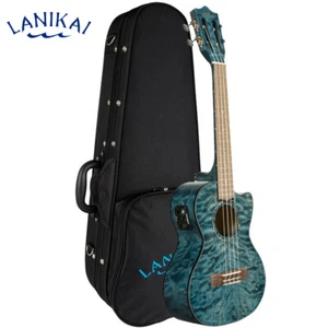 Lanikai QM-BLCET Quilted Maple Blue Stain Tenor Acoustic Electric Ukulele + Case - Picture 1 of 4