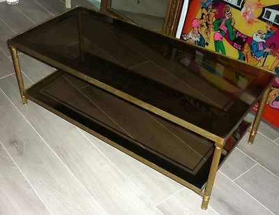table basse laiton bronze Maison JANSEN  plateau en verre fumé mercurisé - Photo 1/4